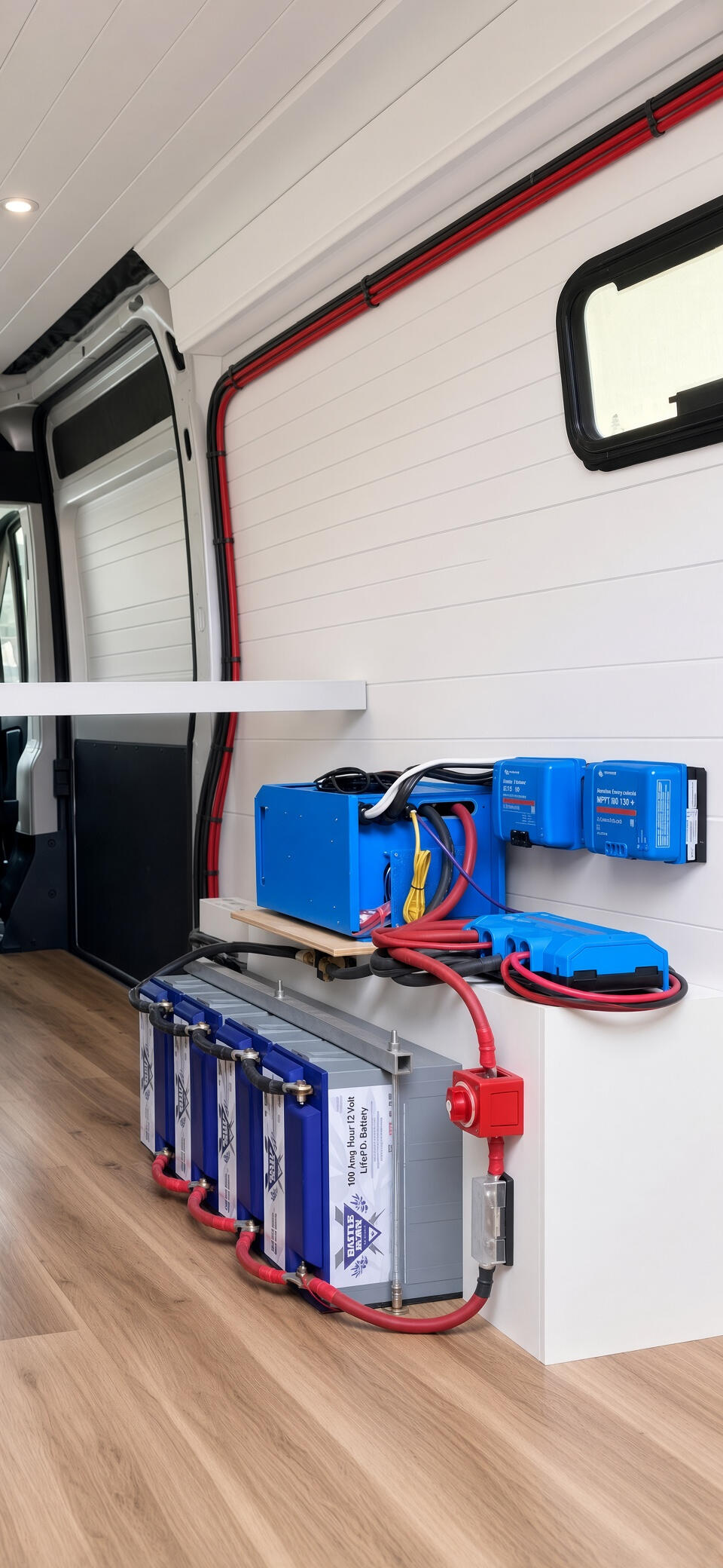 Custom RV electrical system installation with lithium battery bank, inverter, solar charging and DC electrical equipment